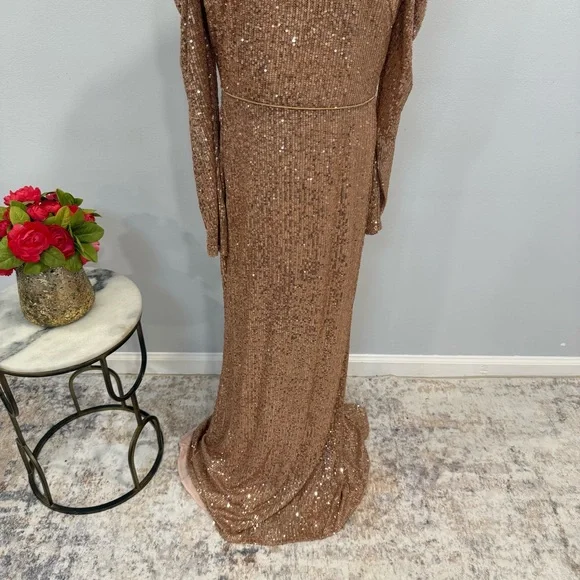Mac Duggal Sequin High Neck Juliet Puff Long SleeveTrumpet Column Gown Copper